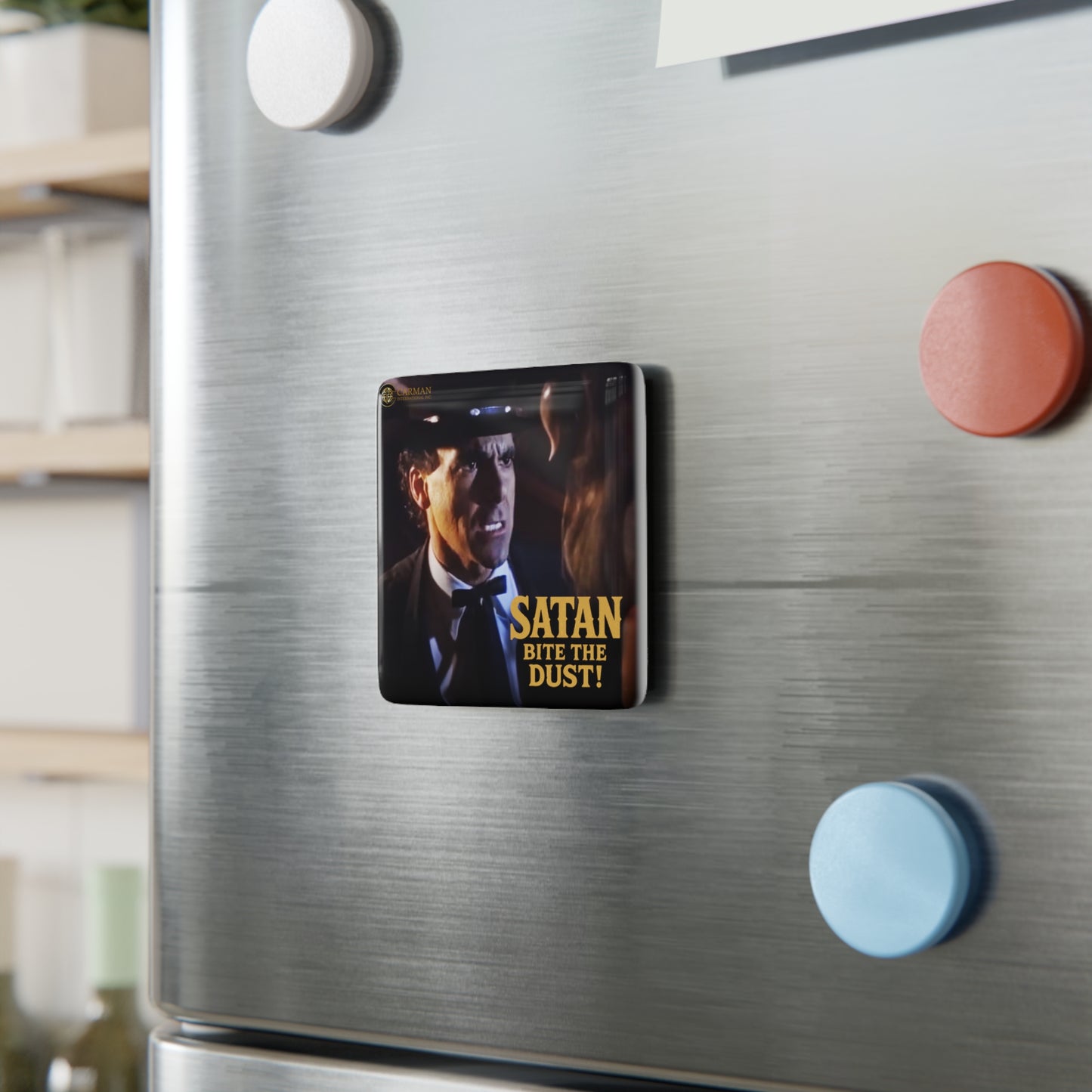 "Satan, Bite the Dust!" Porcelain Magnet, Square