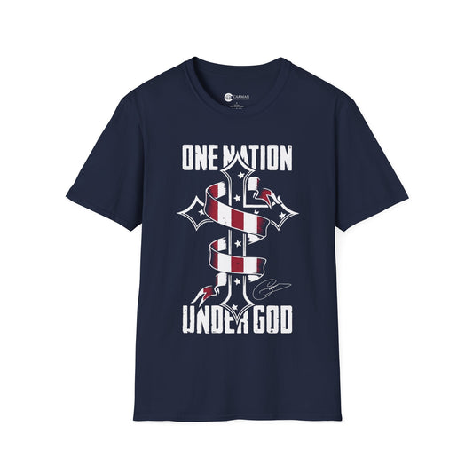"One Nation Under God - Cross American Flag" Unisex Softstyle T-Shirt